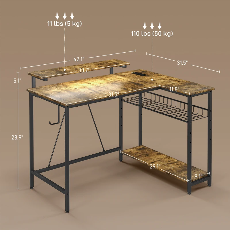 HOMCOM Reversible L Shaped Desk with Lights, Power Outlet, USB Ports, Corner Desk with Storage for Home Office, Brown
