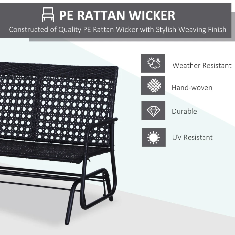 Outsunny Patio 2-Person Wicker Glider Bench Rocking Chair, Outdoor All-Hand Woven PE Rattan Loveseat w/ Ergonomic Design Rocking System for Patio, Garden, Porch, Lawn, Black