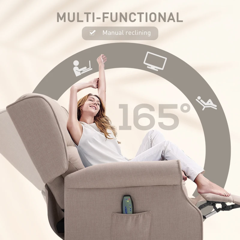 HOMCOM Vibration Massage Recliner Chair for Living Room with Heat,  Wingback Single Sofa, Modern Linen Fabric Push Back Reclining Chair with Footrest, Side Pocket, Dark Beige