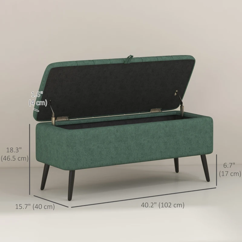 HOMCOM 40" Ottoman with Storage, Linen Upholstered Storage Ottoman Bench with Steel Legs for Living Room, Bedroom Dark Green