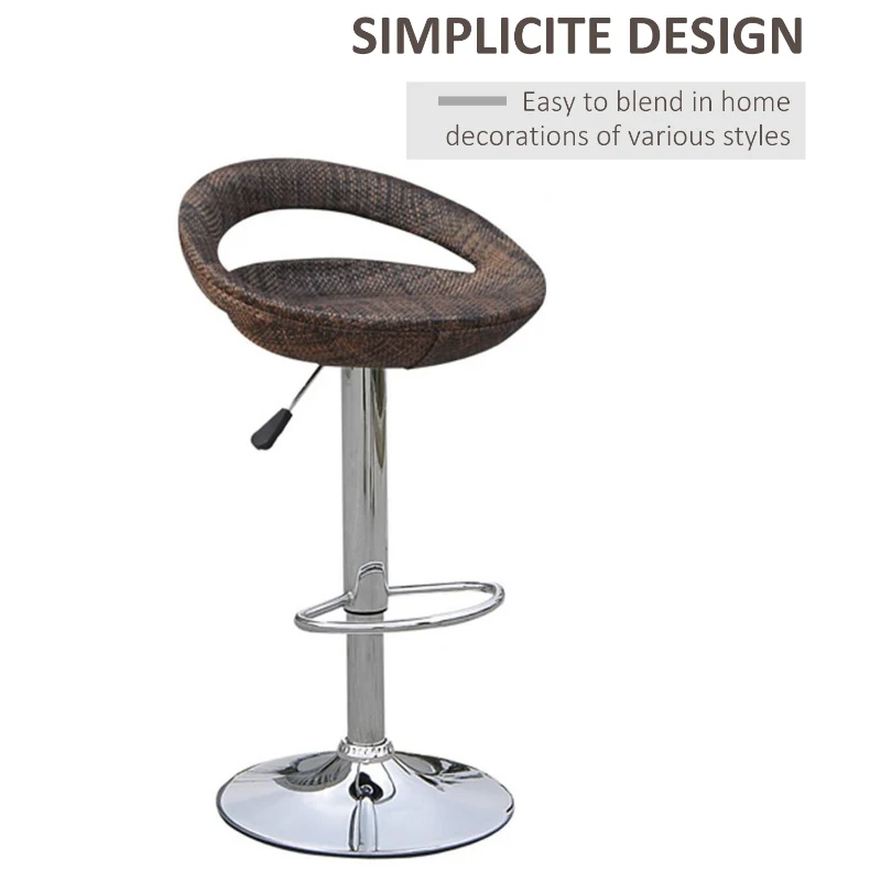 HOMCOM Set of 2 Pub Bar Stools Rattan Wicker Chair Chrome Finish Adjustable Swivel Seat, Deep Brown