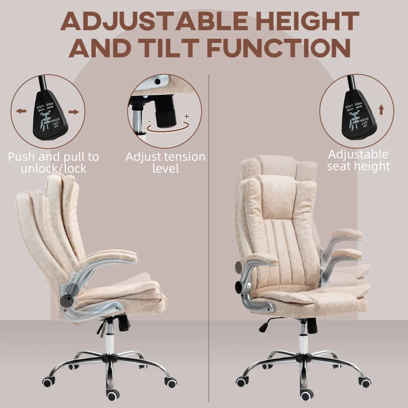 HOMCOM Microfiber Executive Office Chair, Desk Chair with Padded Flip-up Arms, Adjustable Height and Tilt Function, White