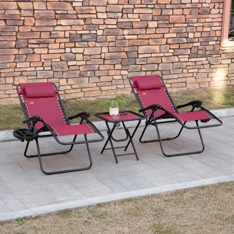 Outsunny Zero Gravity Chair Set with Side Table, Folding Reclining Chair with Cupholders & Pillows, Adjustable Lounge Chairs for Pool, Backyard, Lawn, Beach, Wine Red