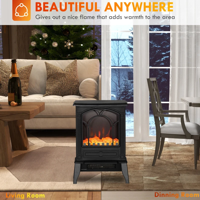 HOMCOM Electric Fireplace Heater, Freestanding Fireplace Stove with Realistic Flame Effect Overheat Protection 750W/1500W Black