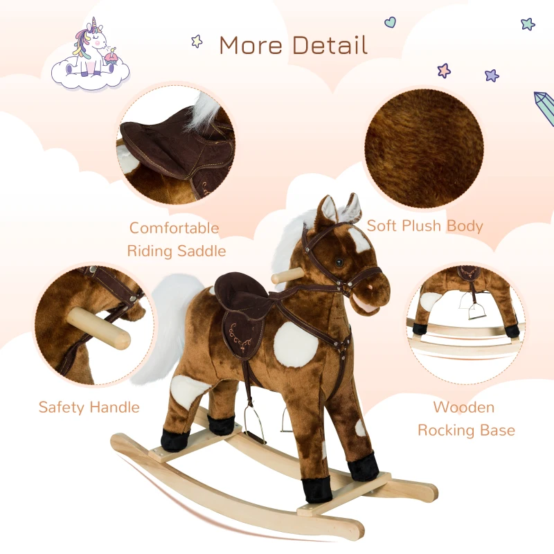 Qaba Kids Metal Plush Ride-On Rocking Horse Chair Toy With Nursery Rhyme Music - Dark Brown