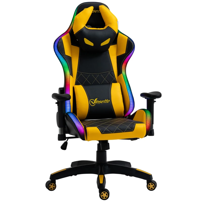 Vinsetto High-Back Racing Style Gaming Chair with RGB LED Lights, Computer Office Chair with Head and Lumbar Pillow and Adjustable Armrests, Black / Yellow