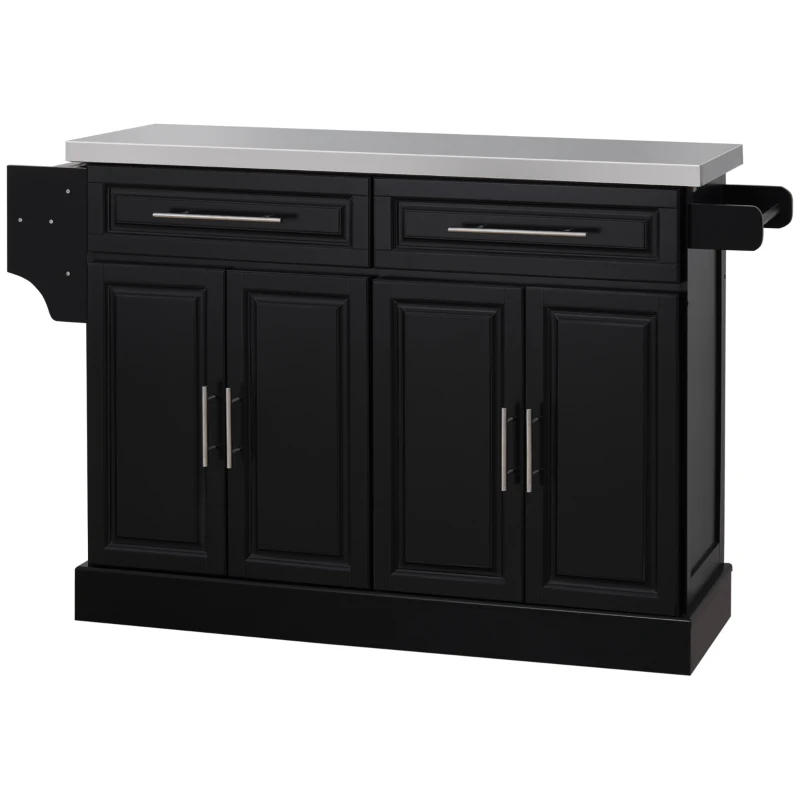 HOMCOM Rolling Kitchen Island Cart with Wheels, Portable Island Table for Kitchen with Stainless Steel Top, Adjustable Shelves, 2 Drawers, Spice, Knife and Towel Rack, Black