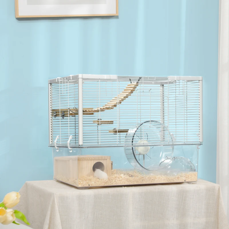 PawHut Wooden Hamster Cage, Gerbil Cage with Deep Bottom, Exercise Wheel, Food Dish, White