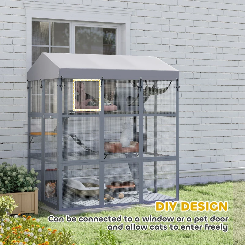 PawHut 81"H Catio Outdoor with Floor to Prevent Escaping & Easy Cleaning, for 2-4 Cats Kittens, Grey