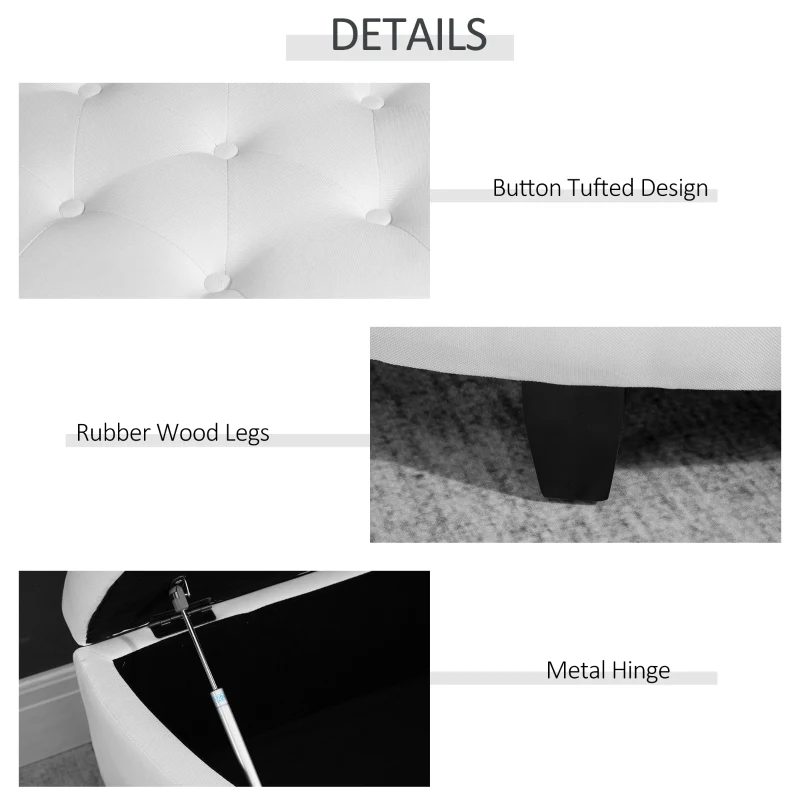 HOMCOM Half Moon Storage Ottoman, Upholstered Button Tufted Storage Bench with Lift Lid and Wood Legs, for Living Room, Entryway, White