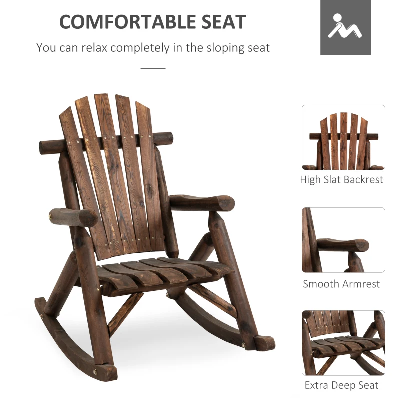 Outsunny Outdoor Wooden Rocking Chair, Single-Person Adirondack Rocking Patio Chair with Rustic High Back, Slatted Seat and Backrest for Indoor, Backyard, Garden, Carbonized