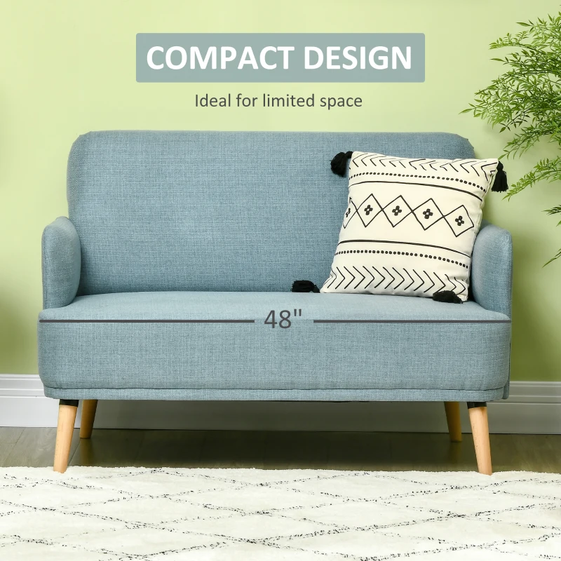 HOMCOM 48" Loveseat Sofa for Bedroom, Modern Love Seats Furniture, Upholstered Small Couch for Small Spaces, Blue