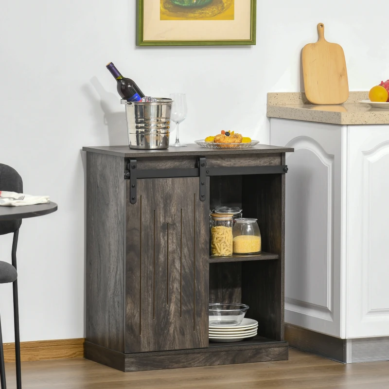 HOMCOM Industrial Wine Cabinet, Sideboard Storage Cabinet, Serving Bar Buffet with Sliding Barn Door and 6-Bottle Wine Rack, Gray