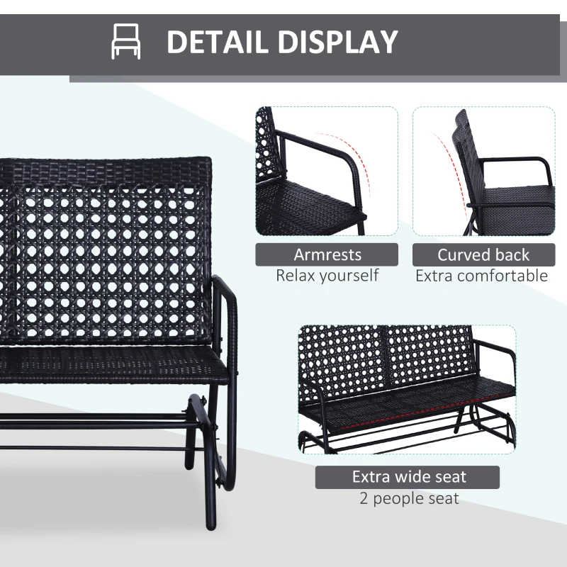 Outsunny Patio 2-Person Wicker Glider Bench Rocking Chair, Outdoor All-Hand Woven PE Rattan Loveseat w/ Ergonomic Design Rocking System for Patio, Garden, Porch, Lawn, Black