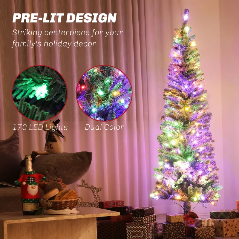 HOMCOM 6ft Prelit Pencil Artificial Christmas Tree, Flocked Xmas Tree with Remote, Dual Colour LEDs, 429 Tips, Metal Stand