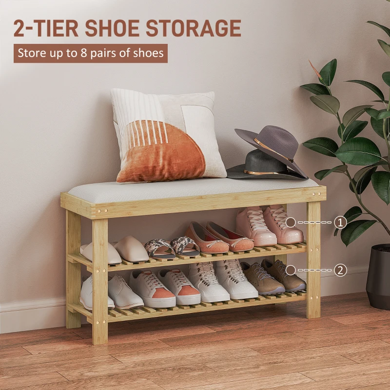 HOMCOM Bamboo Shoe Storage Bench, 3-Tier Entryway Bench with Cushion, Shoe Organizer for Entryway, Hallway, Cream White