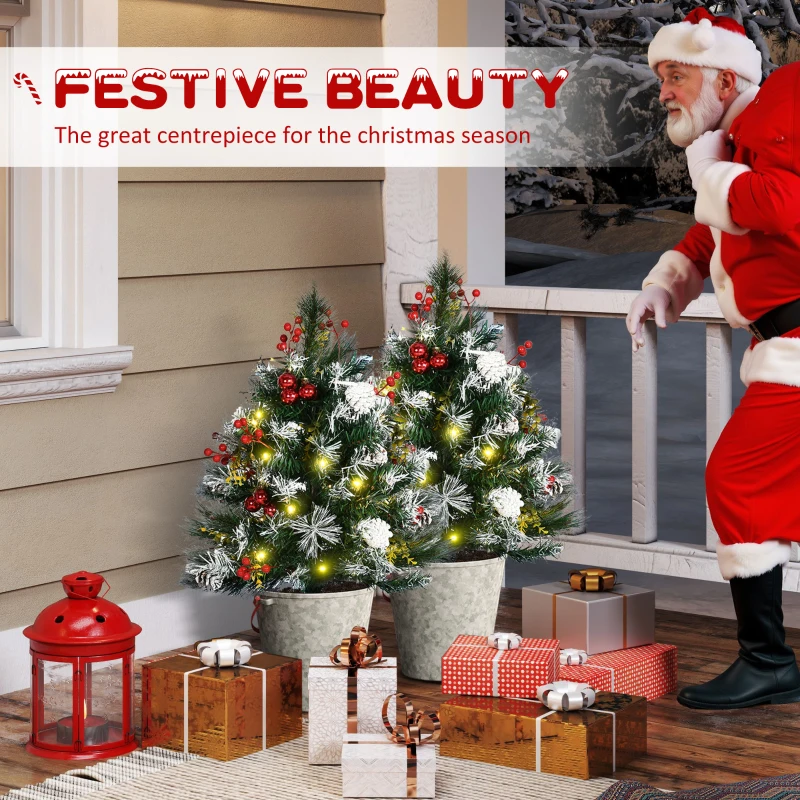 HOMCOM 2.5 Ft/30" 2 Pack Outdoor Entryway Pre-Lit Artificial Christmas Tree Cordless with 70 Branches, Warm White LED lights, Red Berries, Pine Cones, Balls, Green