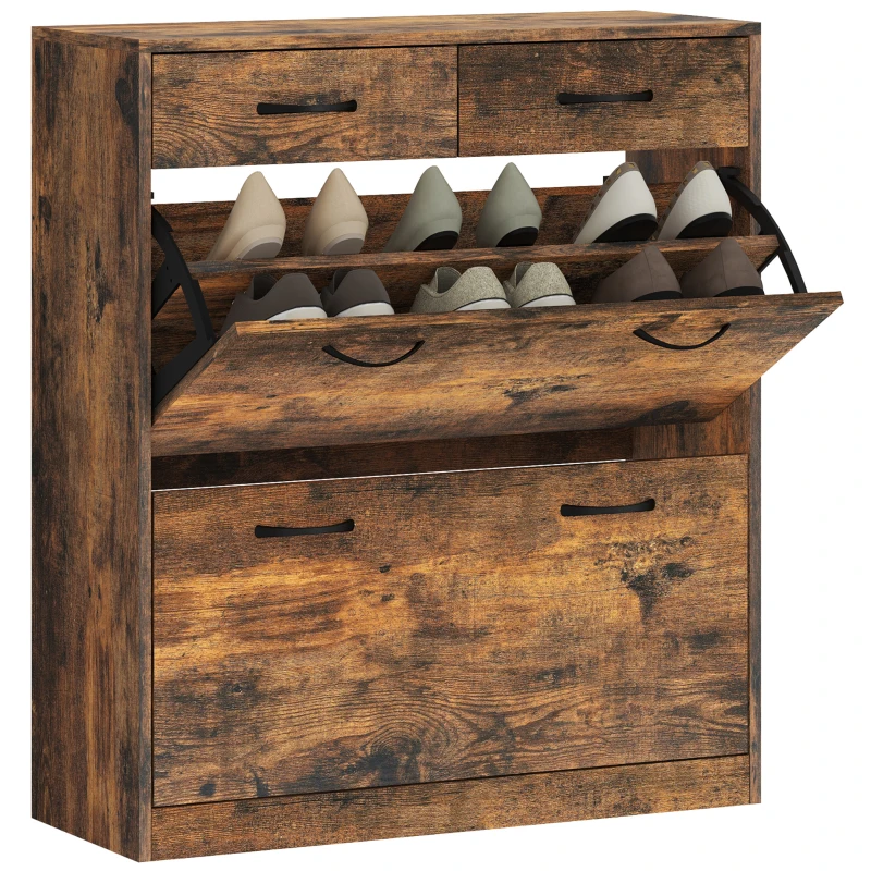 HOMCOM Narrow Shoe Storage with 2 Flip Drawers and Adjustable Shelves Shoe Organizer Cabinet for 12 Pairs of Shoes, Brown