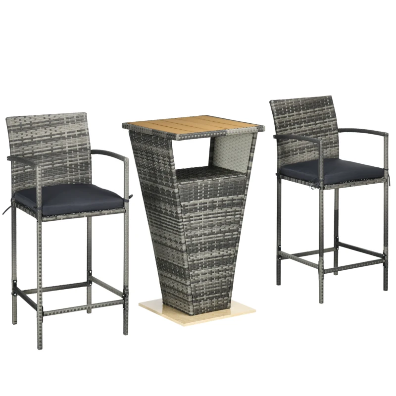 Outsunny 3 Pieces Patio Bar Set, Wicker Bistro Set, PE Rattan Bar Table and Chairs with Soft Padded Cushions, Storage Shelf, Wood Grain Plastic Top, Mixed Gray