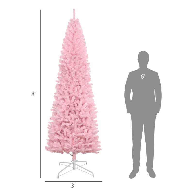 HOMCOM 8' Artificial Christmas Tree Douglas Fir Pencil Christmas Tree with 1168 Realistic Branch Tips, Pink
