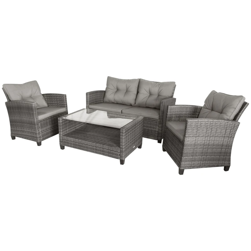 Outsunny 4 Pieces Patio Furniture Sets with Cushions, PE Rattan Wicker Conversation Chairs with Two-Tier Coffee Table for Backyard Porch Garden Poolside and Deck, Gray