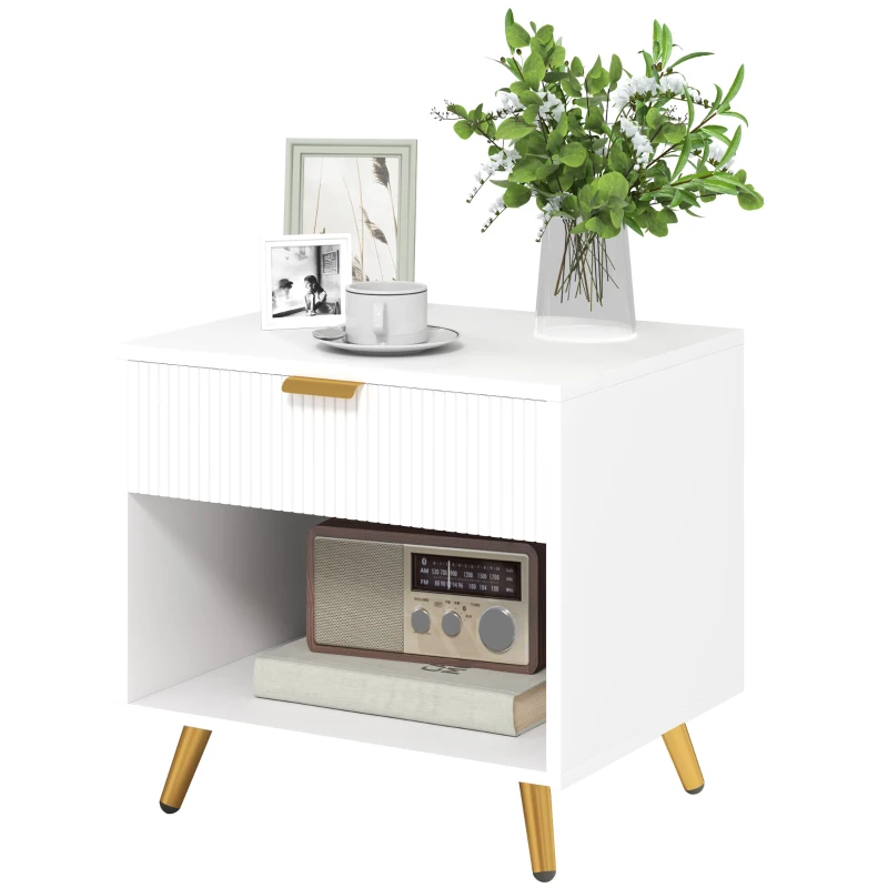 HOMCOM Nightstand with Fluted Panel, Bedside Table with Drawer and Open Compartment, Modern Night Table for Bedroom, White