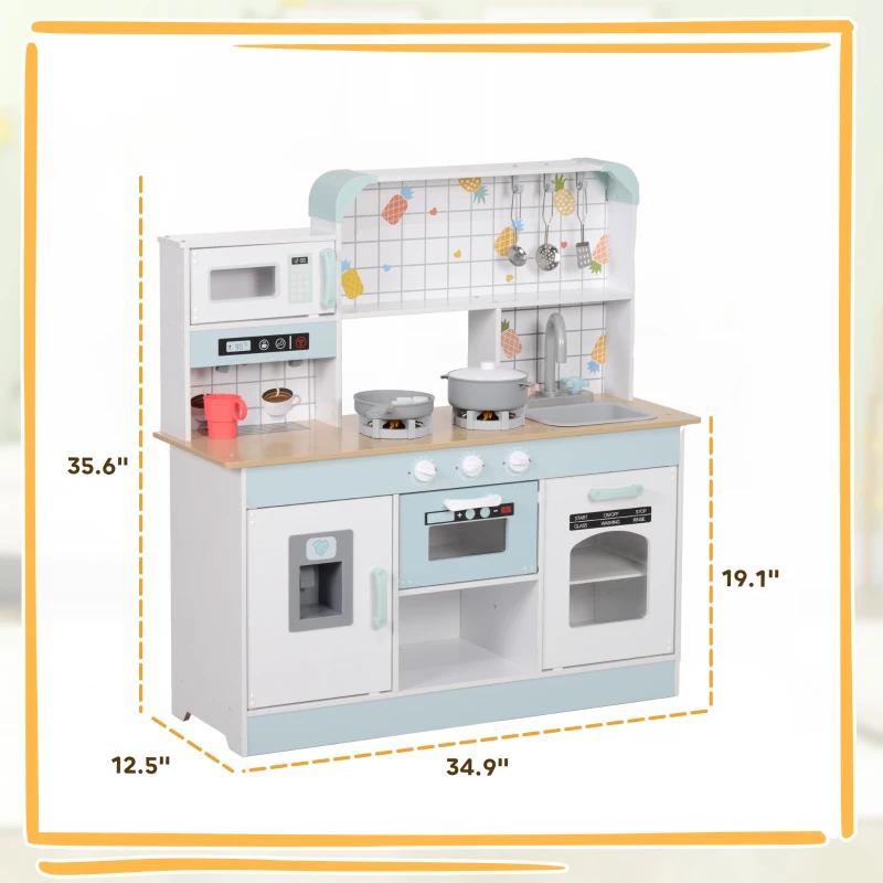 Qaba Play Kitchen, Kids Kitchen Playset with Coffee Machine, Ice Maker, Stove, Microwave, Oven, Sound & Lights