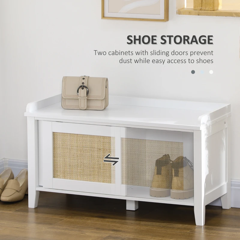 HOMCOM Entry Way Bench Shoe Storage Bench with Shoe Cabinets 2 Rattan Sliding Doors and Pine Wood Legs for Hallway White