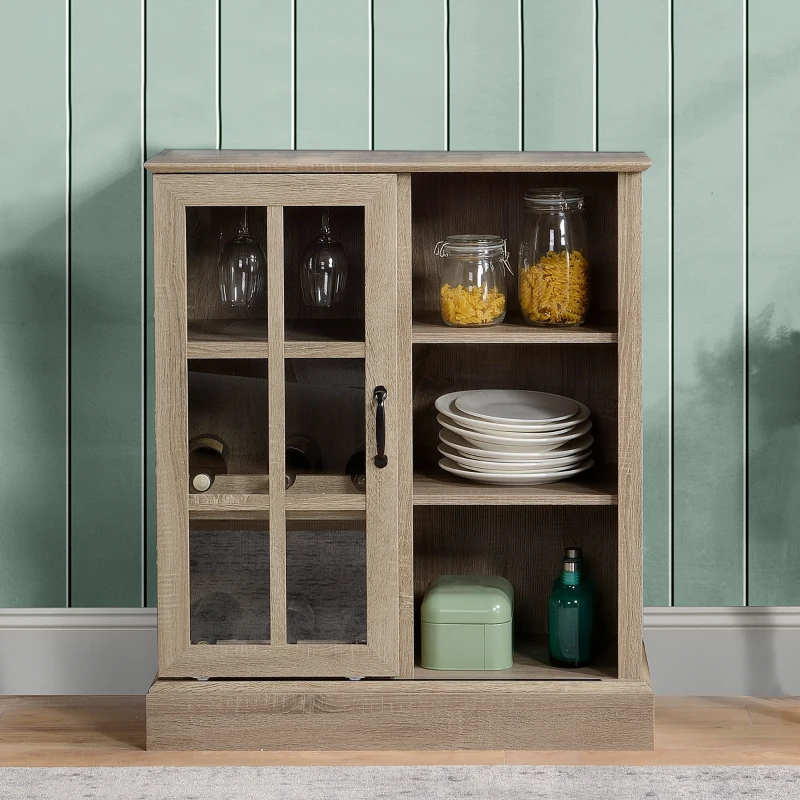 HOMCOM Wine Bar Cabinet, with 6-Bottle Wine Rack and Stemware Racks, Buffet Cabinet with Sliding Glass Door for Kitchen, Brown