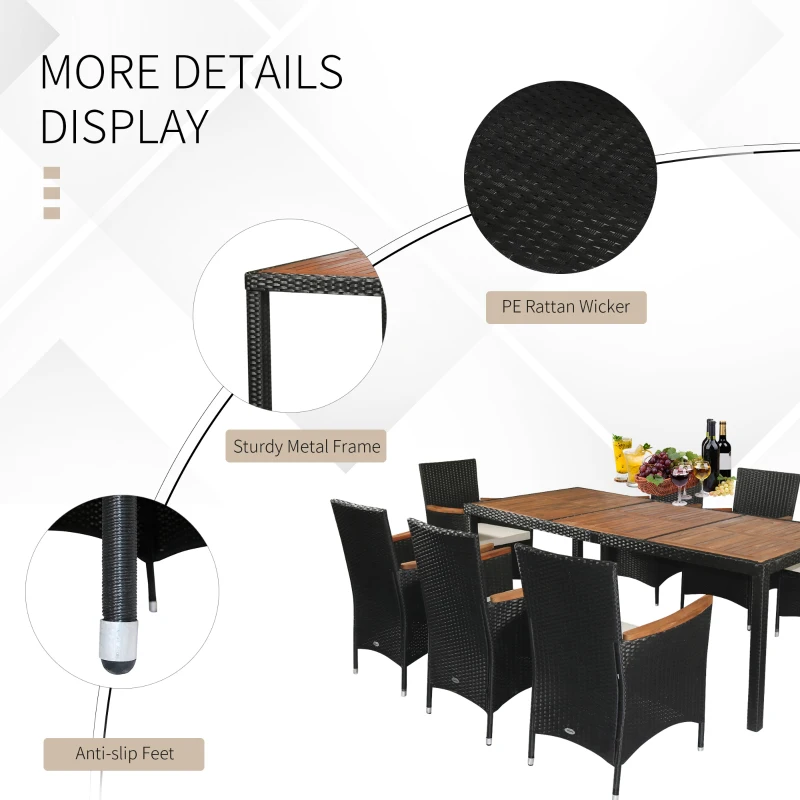 Outsunny 9 Pieces Outdoor Dining Set for 8, Wicker Rattan Patio Furniture Set, Patio Table and Chairs Set with Cushions, Acacia Wood Table Top, Conversation Set for Garden Backyard Deck, Cream White