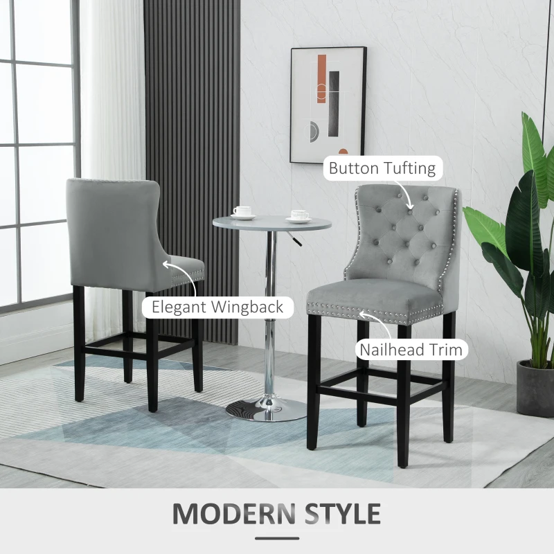 HOMCOM Upholstered Fabric Bar Stool Set of 2, Button Tufted 29.5" Seat Height Pub Chairs with Back & Wood Legs, Grey