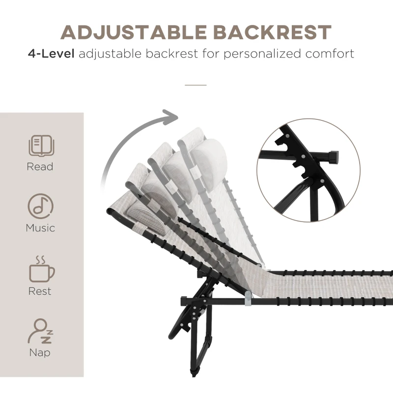 Outsunny 2 Folding Chaise Lounge Pool Chairs with 4-Position Reclining Back, Pillow, Breathable Mesh & Bungee Seat, Dark Blue