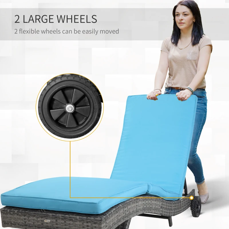 Outsunny Wicker Chaise Lounge Chair Outdoor PE Rattan Cushioned Patio Sun Lounger with 5-Level Adjustable Backrest & Wheels for Easy Movement, Sky Blue