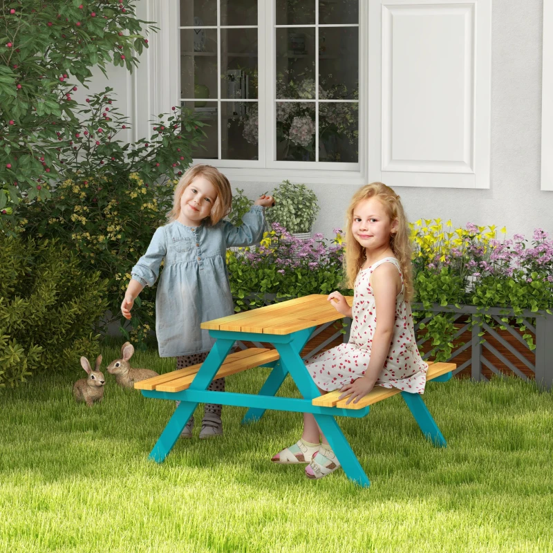 Outsunny Kids Outdoor Table Set Wooden Toddler Picnic Table & Benches for 4 Kids 3-8 Years Old, Easy Installation, Natural Wood