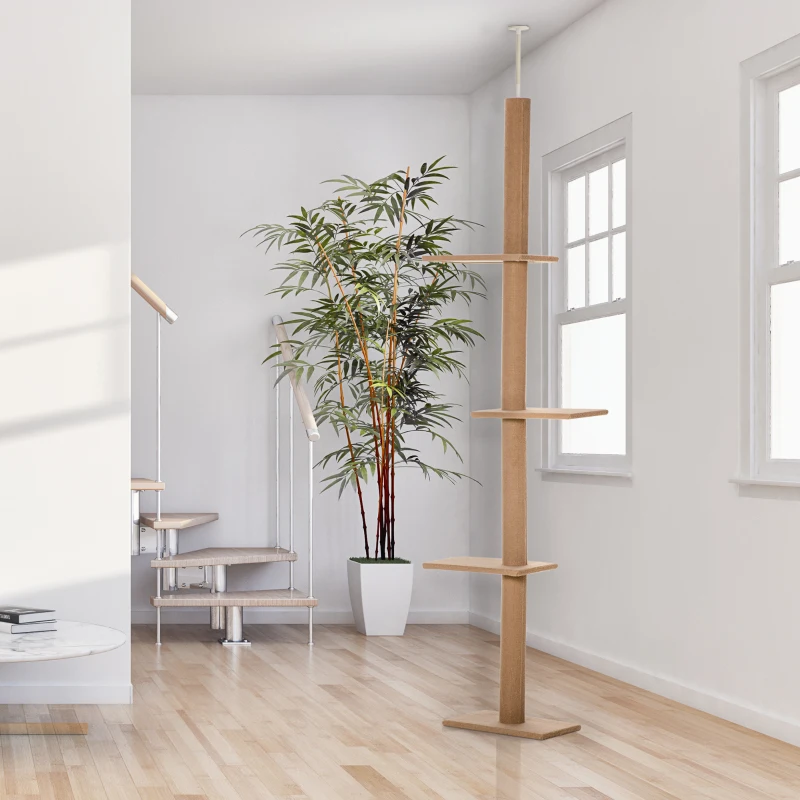 PawHut Floor-to-Ceiling Cat Tree Cat Climbing Tower with Sisal-Covered Scratching Posts Natural Cat Tree Activity Center for Kittens Cat Tower Furniture, Brown