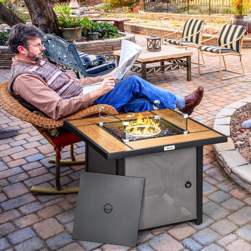 Outsunny 31 Inch Outdoor Propane Gas Fire Pit Table, 50,000 BTU Auto-Ignition Square Gas Firepit with Ceramic Tabletop, Glass Wind Guard, Lid, Glass Beads, Rain Cover, CSA Certification, Brown