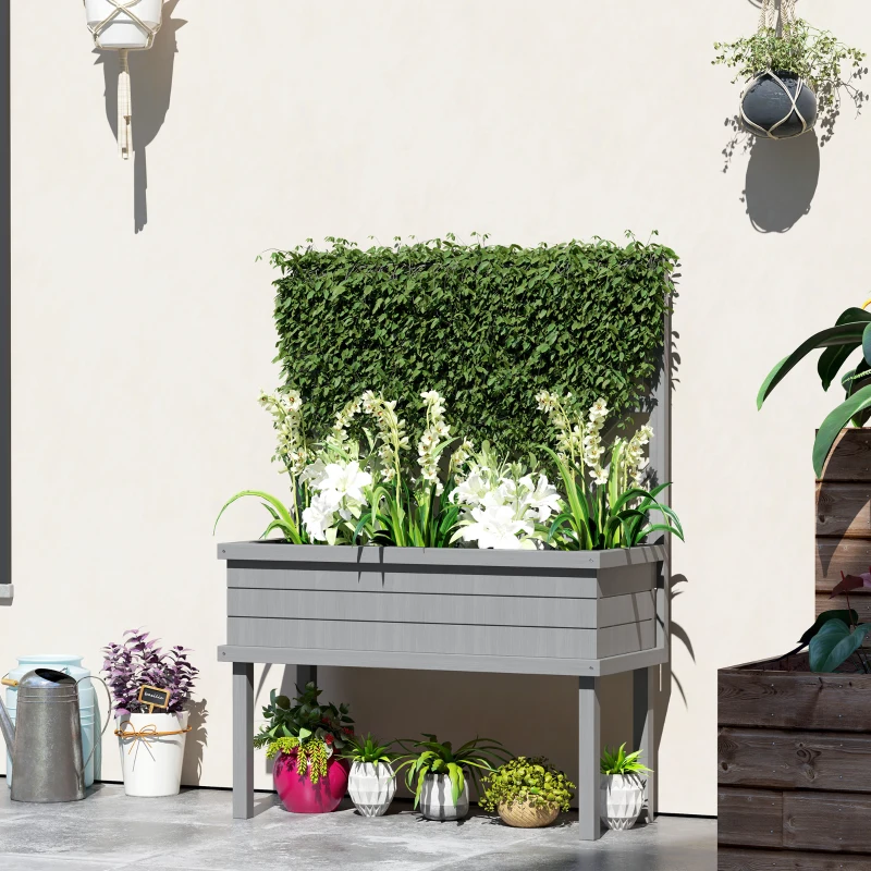 Outsunny Elevated Wood Planter with Trellis for Climbing Plants, Raised Garden Bed with Legs and Drainage Holes, Gray