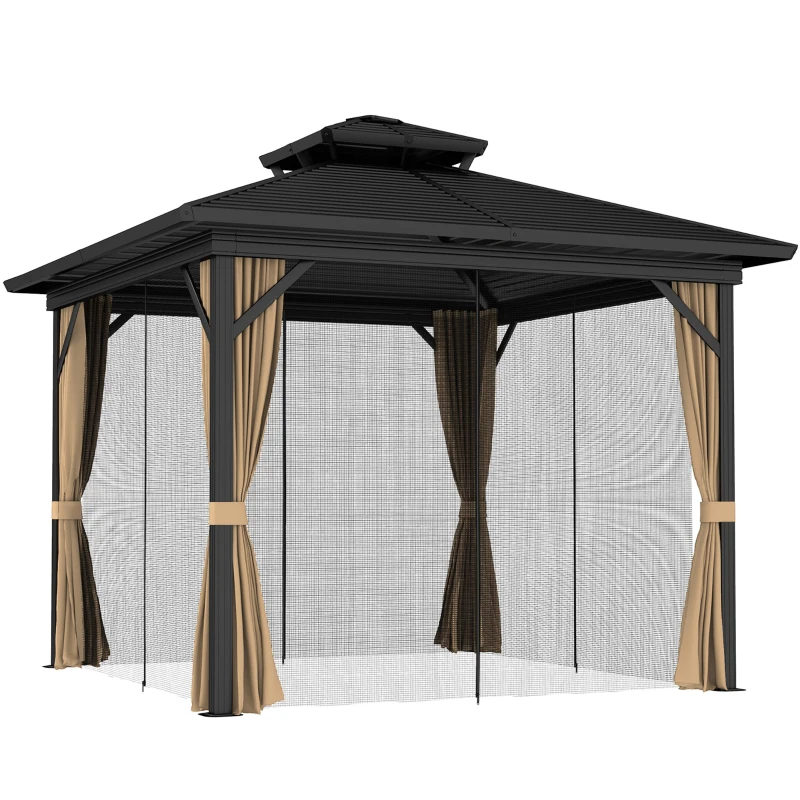 Outsunny 10' x 12' Hardtop Gazebo, Sun Shelter with Double Tier Metal Roof, Mosquito Netting, and Hanging Hook, Dark Brown