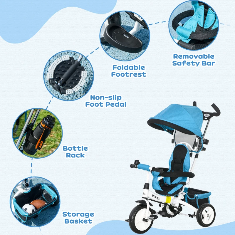 Qaba 6 in 1 Toddler Tricycle Stroller with Basket, Canopy, 5-point Safety Harness, for 12-60 Months, Blue