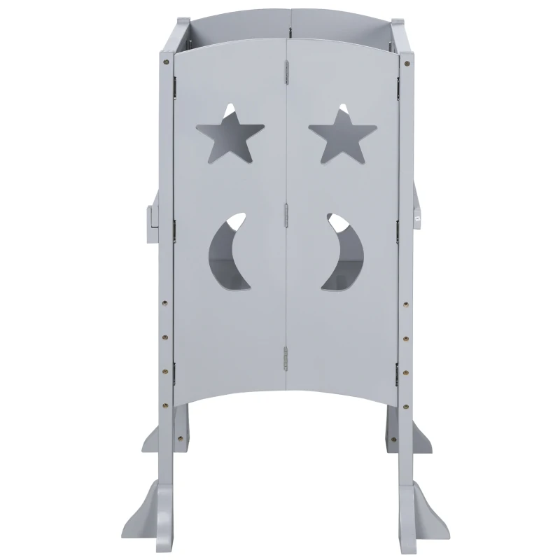 Qaba Wooden Kitchen Step Stool for Kids, Foldable Toddler Tower, Helper Stool for Kitchen Counter with Support Handles Safety Rail, Gray