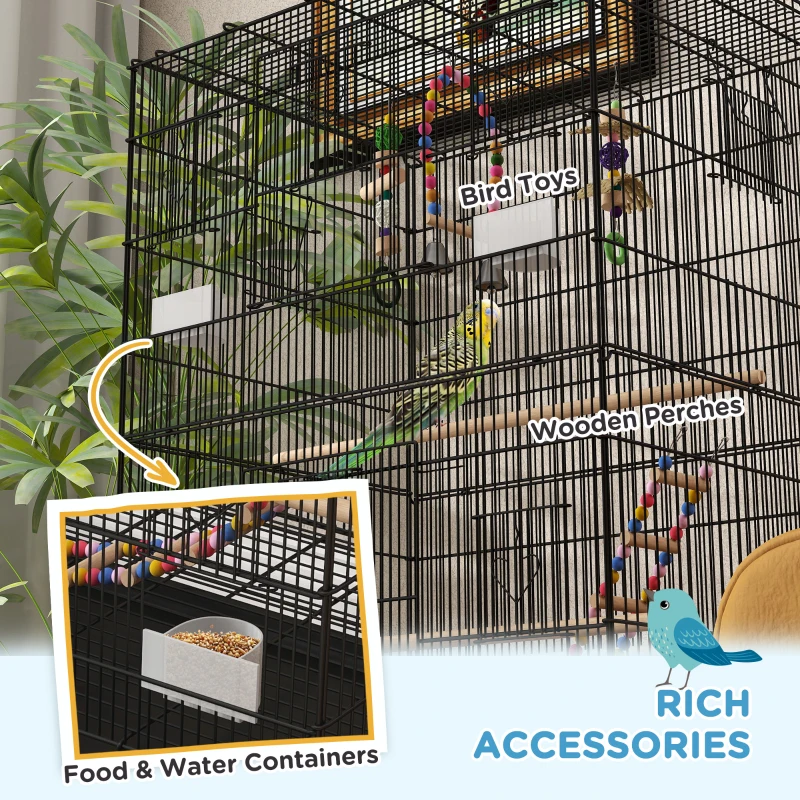 PawHut 43" Bird Cage with Rolling Stand, Toys, for Budgies Canaries Black