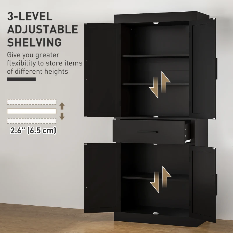 HOMCOM 72" Kitchen Storage Cabinet, Farmhouse Kitchen Pantry Cabinet with 4 Barn Doors, Drawer, Adjustable Shelves, Black