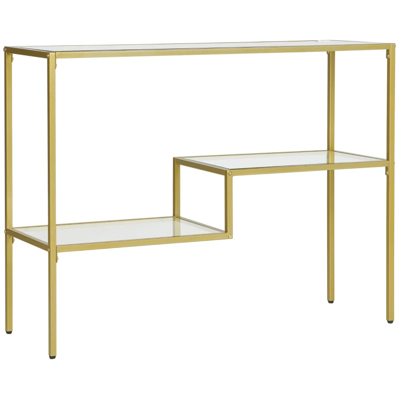 HOMCOM Gold Console Table, 39" Tempered Glass Behind Sofa Table, Narrow Entryway Table with Storage Shelves, Steel Frame for Living Room Furniture, Hallway Furniture, Glass Table