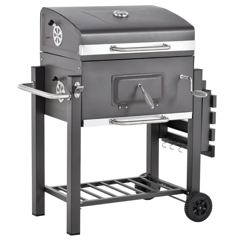 Outsunny BBQ Trolley Charcoal Grill Portable Stainless Steel Barbecue Tool Kits for Camping Hiking Picnic Backyard w/ Wheels and Side Shelf