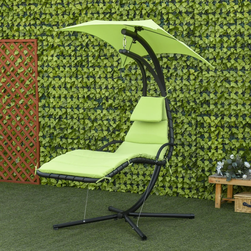 Outsunny Outdoor Hammock Chair with Stand, Floating Chaise Lounge Chair with Soft Padded Cushion, Hanging Hammock Swing Reclining Seat with Canopy Umbrella, Green
