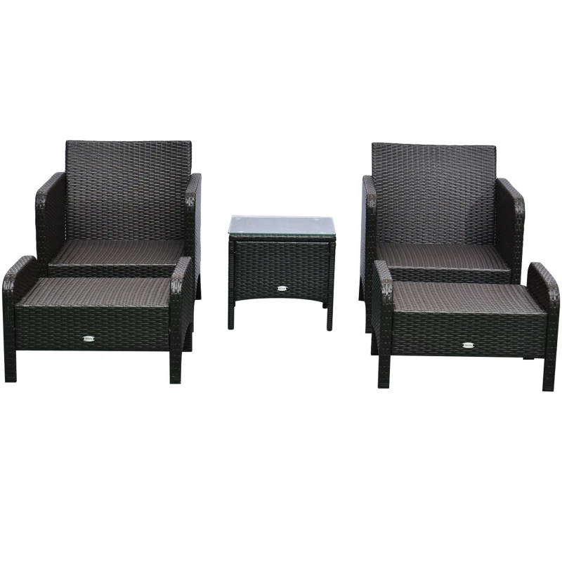 Outsunny 5 Pieces Wicker Patio Furniture Sofa Set Thick Padded Cushions, Outdoor PE Rattan Conversation Coffee Set with Armchairs, Footstools and Glass Top Table, Light Blue