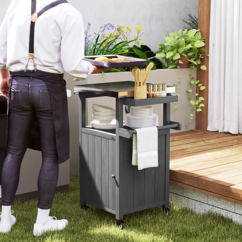 Outsunny Outdoor Grill Cart with Stainless Steel Top, Solid Wood Outdoor Kitchen Island with Wheels, Integrated Hole, Dark Gray