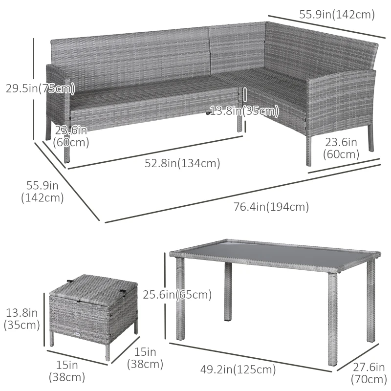 Outsunny 5 Pieces Wicker Patio Conversation Dining Furniture Set with Cushions, Table and Ottomans, Cream White