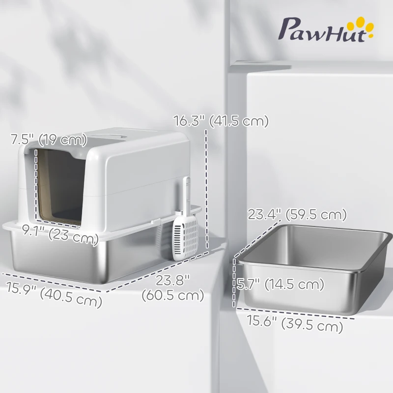 PawHut Stainless Steel Cat Litter Box w/ Removable Lid & Scoop, for Small to Large Cats, Easy to Clean, White