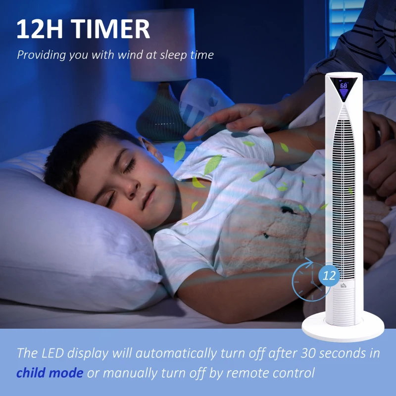 HOMCOM 38 Inch Tower Fan for Bedroom Cooling, 70°Oscillating Fan with 3 Speeds, 12H Timer, and Remote Control, Standing Floor Fan for Home Office, White
